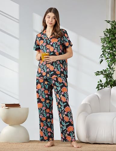 Image of Amazon Brand - Myx Women Cotton Shirt and Relaxed Pajama Set | Night Suit Set (Available in Plus Sizes)