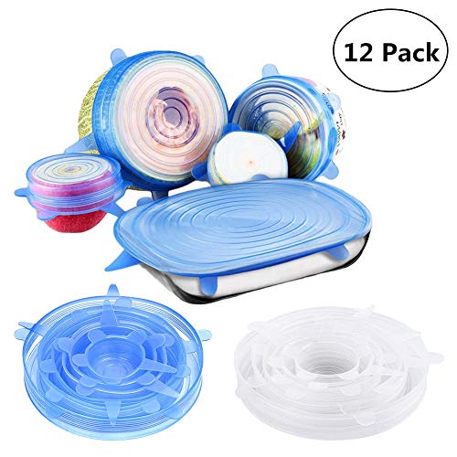 Silicone Stretch Lids, 12 Packs Reusable Seal Food Reusable Covers Lids for Bowls