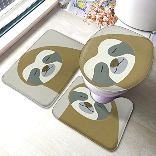 DIRYKILP Badematte + Konturmatte + Toilettendeckelbezug, Hello Faultier 3 Stück Badematte Set, mit rutschfester Klebeunterseite