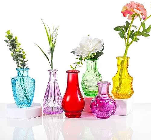 6 Pcs Colorful Small Glass Vases Mini Sweet Colors Glass Vases Bulk for Home Dining Table Centerpieces Dining Room Decor