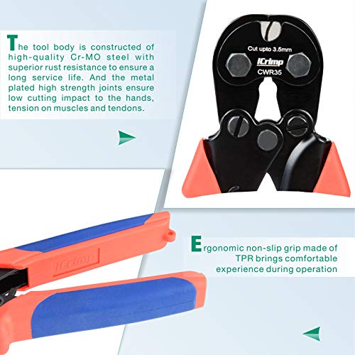 Image of iCrimp Wire Rope Cutter for Max 3.5mm Stainless Steel Cable | CWR35 cutter, 61HRC hard cutting blade, labor saving ratchet, for copper piano bike marine fence aircraft cables