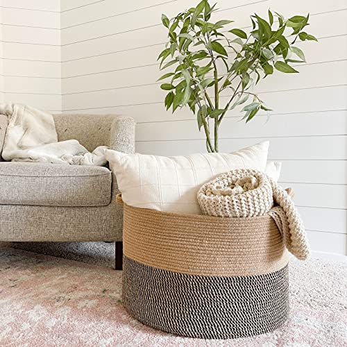 Indressme Extra Large Woven Baskets For Storage, 21.7 X 13.8 Blanket Basket Living Room Wicker Storage Basket For Organizing Woven Laundry Basket For Toy Pillow Shoe Basket For Entryway, Black Jute #TOP1