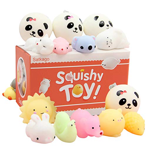 Satkago 16 Pcs Mochi Squishies Toys, 12 Pcs Mini Mochi Squishies Animals + 4 Pcs Mini Foamy Panda Squishies Stress Reliever Anxiety Squishys