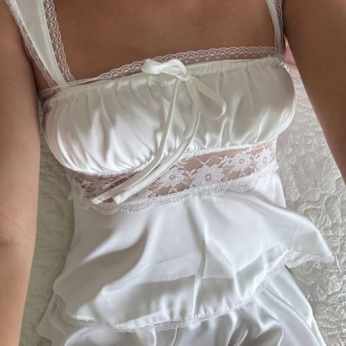 Image of ROAONOCOMO Women Lace Trim Pj Shorts Set Square Neck Coquette Tank Top Silk Satin Pajama Set Babydoll 2 Piece Shorts Outfit