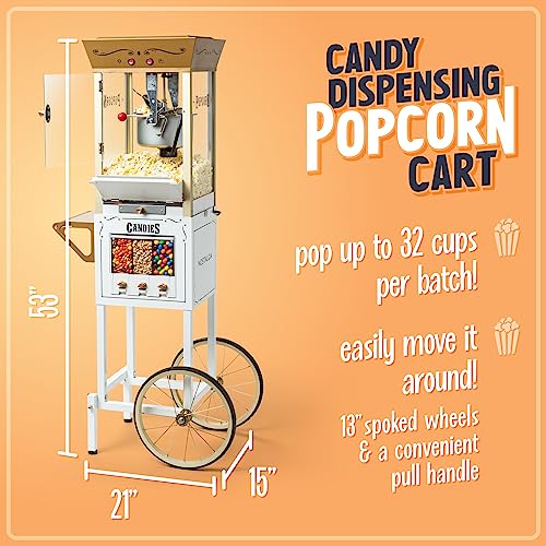 Vintage 8 Ounce Professional Popcorn and Dispensing Cart, Makes Up to 32 Cups, Three Storage Dispensers for Kernels, Candy, Nuts, Chocolate, Measuring Spoons and -Scoop Included