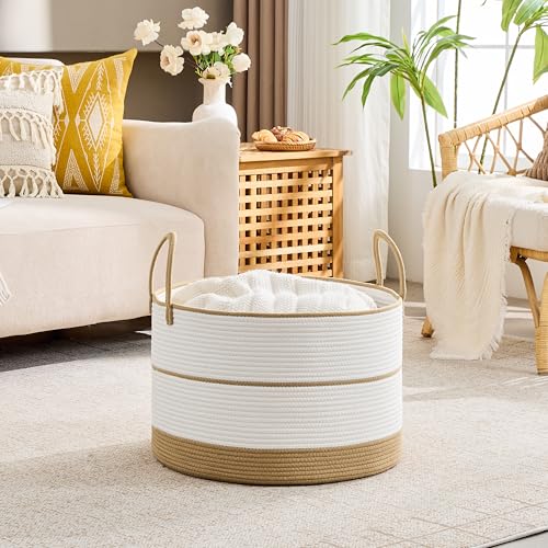 Image of KAKAMAY Cotton Rope Storage Basket (20 inchx13 inch),Woven Blanket Baskets for Toys,Pillows,Clothes,Sturdy Handles Decorative Basket for Living Room, Bedroom,Nursery(Brown /Black)