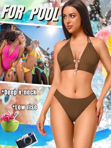 Kaei&Shi 3 Piece Swimsuits for Women,V Wire Halter Cheeky Bikini Sets,Sexy Bathing Suit with Mesh Cover Up4