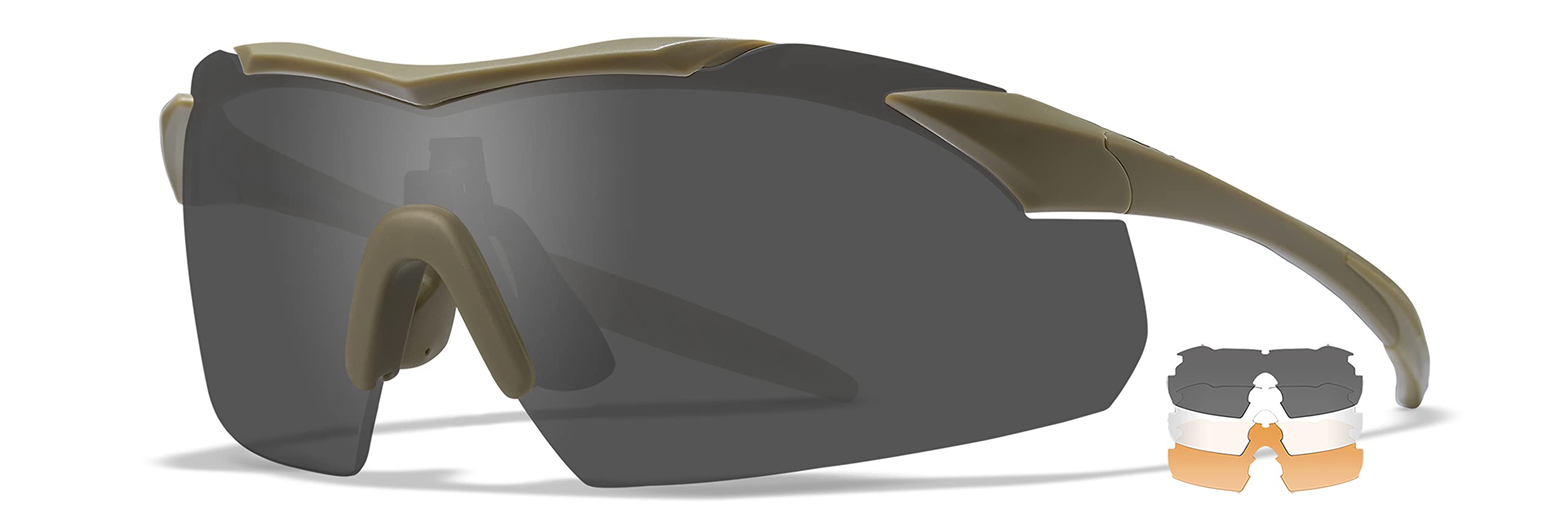 Wiley X Vapor Sunglasses, ANSI Z87 Safety Glasses for Men and Women, UV Eye Protection for Shooting, Fishing and Biking Tan Frames, Changeable Smoke Grey, Light Rust, and Clear Lenses Ballistic Rated