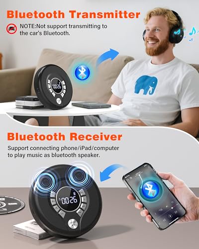 Greadio Portable Bluetooth CD Player with 2000mAh Rechargeable, Personal CD Player for Car with FM Transmitter/AUX, CD Discman Player with Headphone, 120s Anti-Skip, USB Port, Backlight (Black) - Thumbnail 4