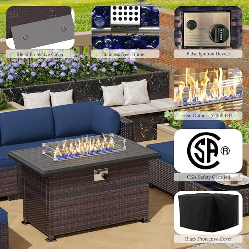 Image of 8 Pieces Outdoor Patio Furniture Set,Outdoor Sectional Furniture with 43 inch 55000 BTU Gas Propane Fire Pit Table,All Weather PE Rattan Wicker Patio Conversation Set,Navy Blue