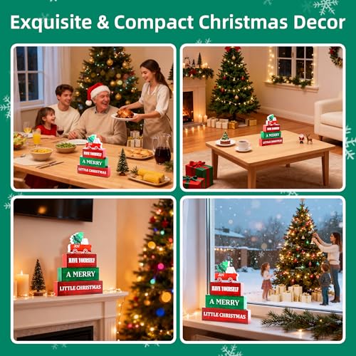 Image of 4 Pcs Christmas Wooden Tiered Tray Decor, Merry Christmas Decorations Gifts for Home, Winter Table Centerpiece for Xmas Party Kitchen Office