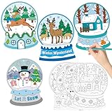CY2SIDE 80PCS Winter Snow Globe Coloring Craft Kit, Color Your Own Winter Wonderland Reindeer Snowman Hanging Ornament for Xmas Tree Decor DIY Christmas Crystal Ball Paper Card for Kid School Activity