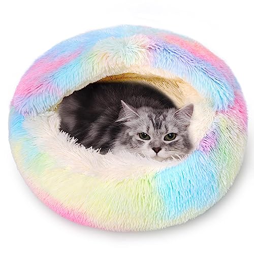 Calming Dog Beds & Cat Cave Bed with Hooded Cover,Removable Washable Round Beds for Small Medium Pets,Anti-Slip Faux Fur Fluffy Coved Bed for Improved Sleep,Fits up to 15/25 lbs(Colorful,M)