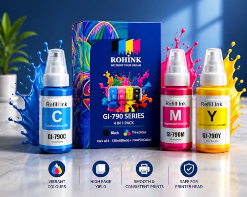 Image of ROHINK GI-790 Series Refill Ink, Compatible with G1000, G1010, G1100, G2000, G2100, G3000, G3010, G3012, G3100, G4000, G4010 Printers (Canon Color Combo Pack 3)