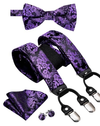 Image of Dubulle Mens Clips Suspenders and Pretied Bowtie Set Y Shape Adjustable Paisley Checks Braces Pocket Square,Black Purple