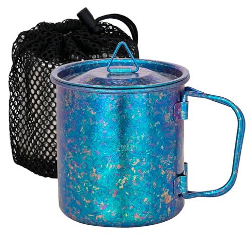 TiTo Titanium Cup Titanium Pot with Lid Ultralight Portable 300ml Foldable Handle Camping Tea Coffee Water Mug for Outdoor Backpacking Hiking Picnic Drinkware with Mesh Sack (Bright Blue)