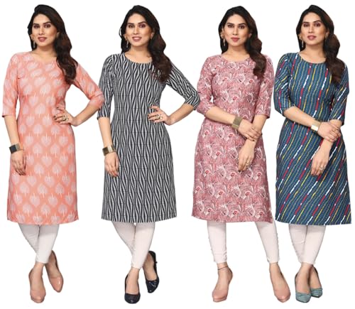 Image of JAKHANA Women's Crepe Printed Casual Straight Calf Length Round Nick Kurta Pack of 4