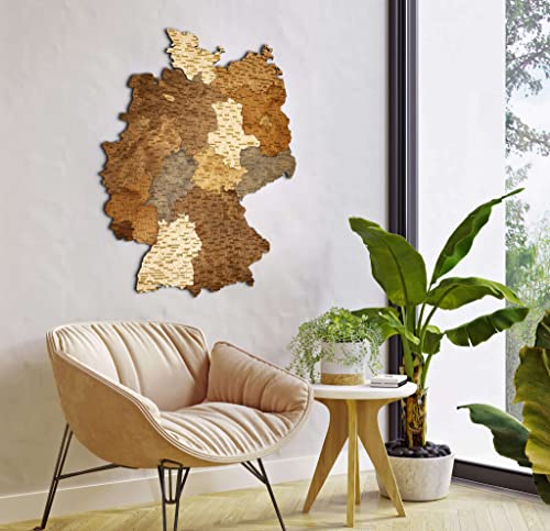 68travel Drewniana mapa Niemiec (73,5 x 100 cm) wielowarstwowa duża sztuka ścienna z naturalnymi plamami - do salonu, gabinetu, biura