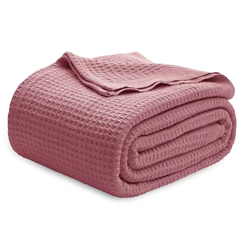 Bedsure COTTON BLANKET-SOLID-WAFFLE 100% Cotton Blanket Queen Size For Bed - Waffle Weave Fall Blanket, Lightweight And Breathable Soft Woven Blanket For Summer, Dusty Rose Pink cover
