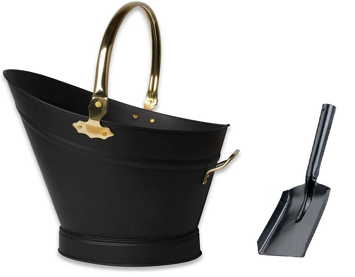 Srendi Black & Brass + Shovel Heavy Duty Metal Fireside Waterloo Bucket Fireplace Hod Scuttle Coal Fuel Ash Wood Log Storage Option With Shovel And Poker (Black & Brass + Shovel)