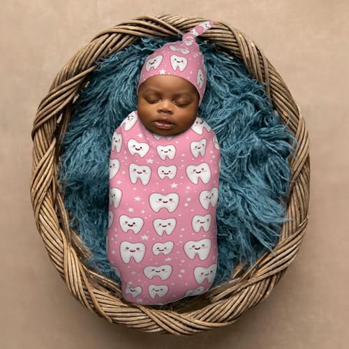 Image of Kawaii Tooth Pattern Newborn Swaddle Blankets Hat Sets Soft Baby Receiving Blanket Swaddle Sack for Baby Shower Infant Boy Girl Gift