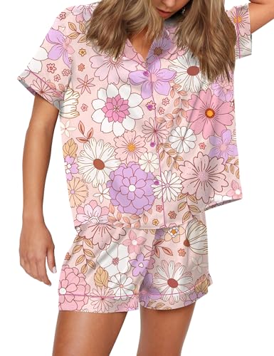 Image of SHESHOW Satin Pajamas for Women Set Preppy Animals Pjs Short Sleeve Shorts 2 Piece Loungewear Sets XS-XXL