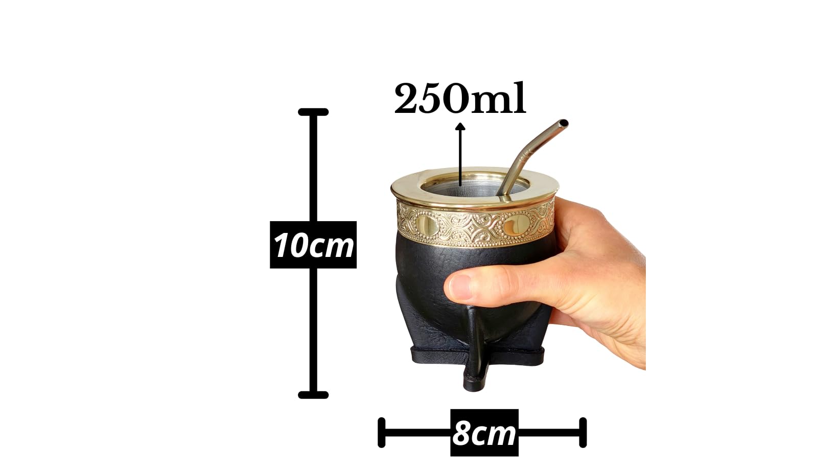 Kubek do yerba mate Imperial Argentino Deluxe, matowy, ze stali nierdzewnej, czarna skóra i niemieckie srebro (alpaka), kubek do maty z dzbańcem ze stali nierdzewnej