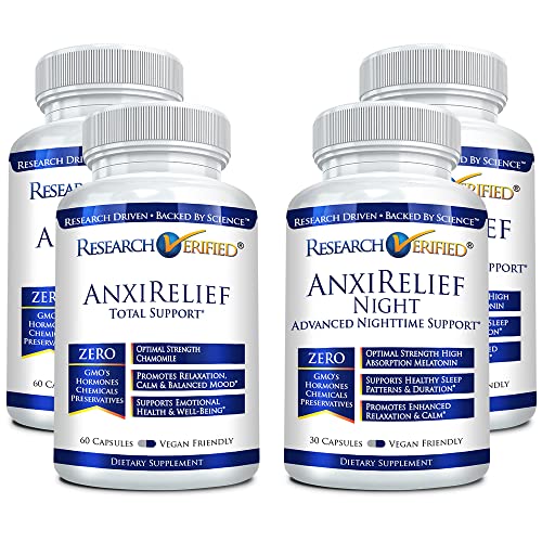 Research Verified AnxiRelief - Natural Relaxation Supplement- with Valerian Root, 5-HTP, Magnesium, L-Theanine - 24 Hour Support - 4 Bottle (2 Day & 2 Night Bottles)