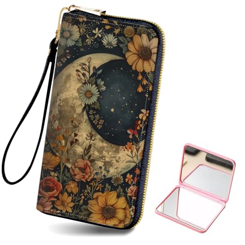 Women's Card Holder Wristlet Wallet, Convenient Travel Long Wallet with Strap and Pink Compact Mirror, Fashion and Sturdy Wristlet Long Purse for Women, Floral Moon