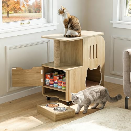 Homtis 360Moveable Cat Feeding Station 25.6W Pet Food Table Dog Proof Cat Feeder with 2 Pull-Out Bowls Scratch Post Rotating Wheels