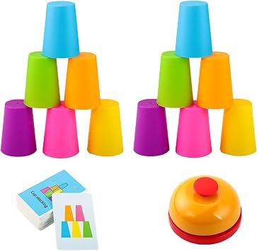 2 Set Interactive Color Stacking Cup Game Set - Mental Training & Competitive Family Activity with 12 Cups, 54 Challenge Cards & Buzzer Family Edition C