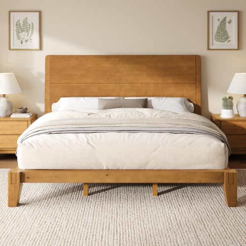 Image of AMERLIFE Solid Wood King Bed Frame with Headboard, Japanese Joinery, Brown