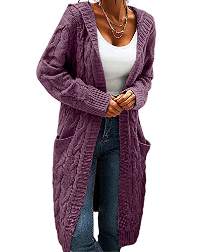 Image of Women Hooded Open Front Cardigan Cable Knit Chunky Long Sweater Coats | solid color, cable knit ,long duster cardigan,chunky coatigan,winter ,falll ,side pockets