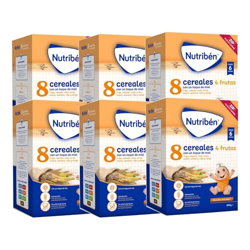 Nutribén Papilla 8 Cereales con un toque de Miel y 4 Frutas | 3600g | Alimento para Bebés a partir de 6 meses | Sin azúcares añadidos | Sin aceite de palma | Paquete de 6 unidades de 600g