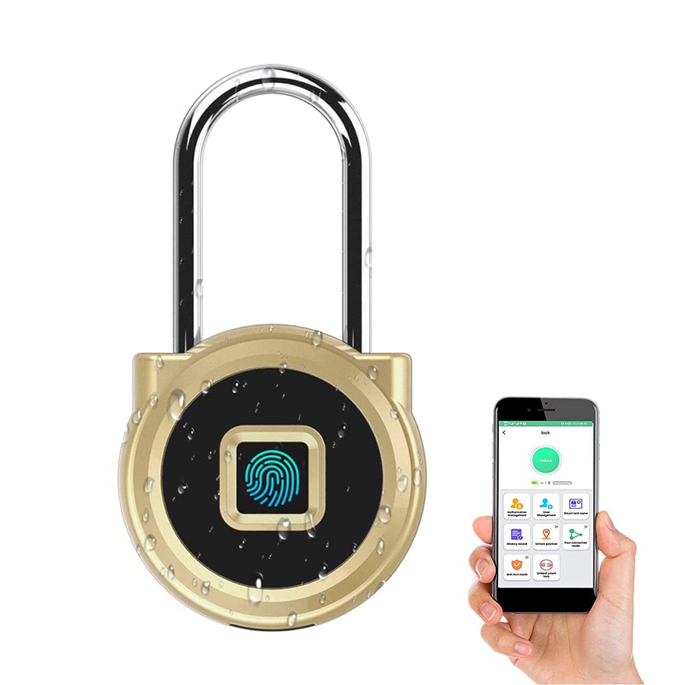 eLinkSmartFingerprint Padlock Long Padlock with 45MM Shackle Weatherproof 1000 App User Combination Locker Lock for Gym Locker Fence Garden Cupboard Cabinet Gold