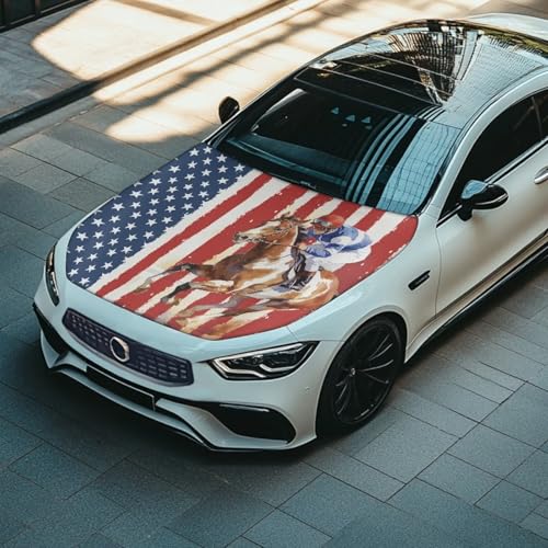 Image of Car Hood Cover, Protector Horse and American Flag Print Stretchable Auto Hood Wraps Automotive Exterior Accessories for Compact Sedan SUV Truck