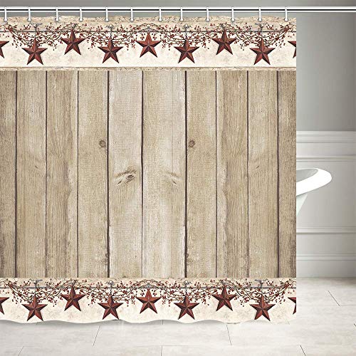 Rusitc Wood Boards Shower Curtain, Western Texas Star And Primitive Berries On Country Wooden Plank Bath Curtains, Polyester Fabric Bathroom Country Barn Farmhouse Shower Curtain 12Pcs Hooks, 69X70In #TOP1