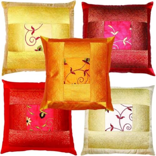 Real Online Seller Ethnic Embroidered Cushion Cover Set, Decorative Floral Patchwork Throw Pillow Covers for Living Room, Bedroom, Sofa & Home Décor, 16 x 16 Inch, Pack of 5