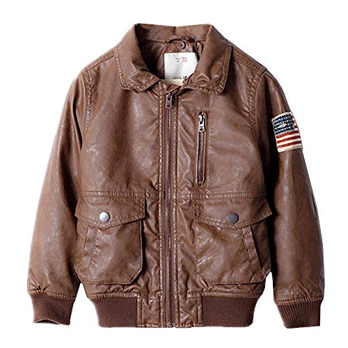ZPW Kids PU Leather Flight Bomber Aviator Jacket with Removable Faux Fur Collar, Brown, 13-14Years3