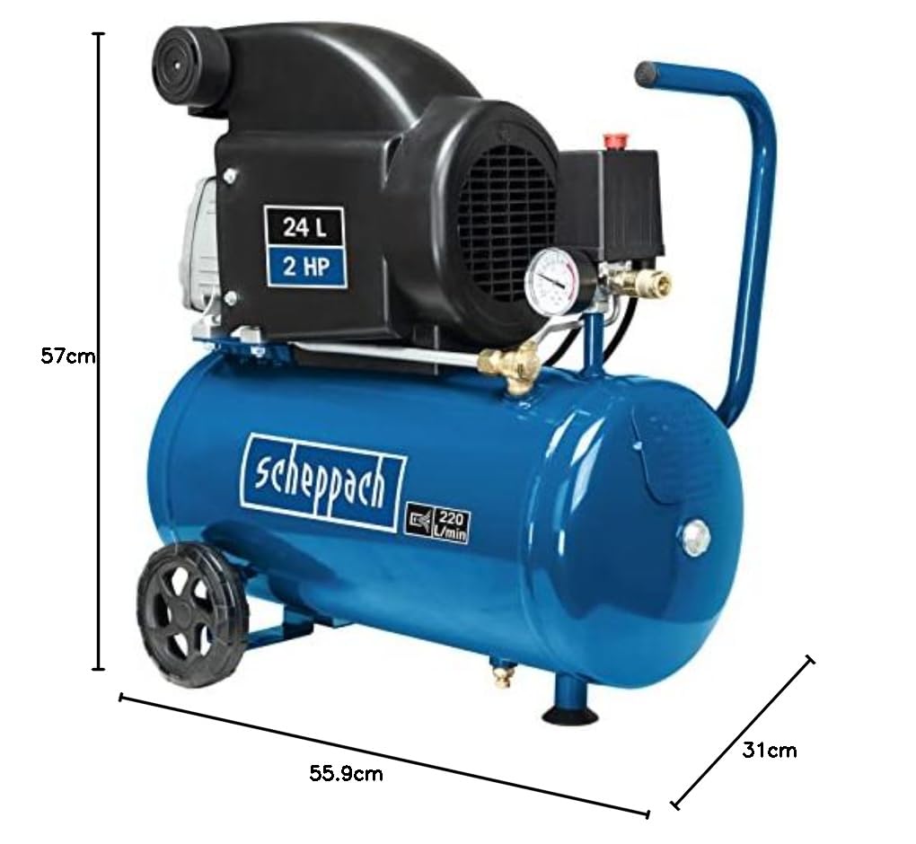 Scheppach Kompressor HC26 Druckluftkompressor | 220 l/min Ansaugleistung | 24 Liter Kessel | 1500W | 8 bar | ölgeschmiert | mit Griff und Fahrvorrichtung | inkl. 5m Schlauch, Reifenfüllgerät + Zubehör