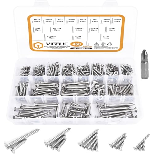 VIGRUE 450Pcs Stainless Steel Wood Screws Set #4#6#8#10#12 Phillips Flat Head Sheet Metal Screw Self Tapping Screws Assortment Kit, Length 1/4" to 2"