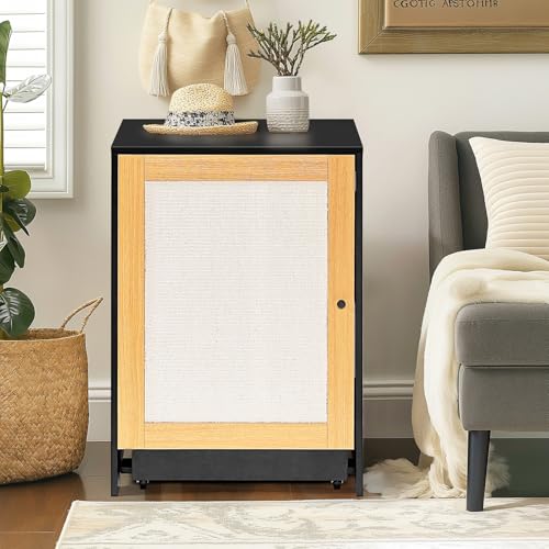 Multi-Functional Cat Furniture Hidden Litter Box All-in-One Cabinet Enclosure with Rattan Scratching Post Storage Organizer Easy Pull-Out Drawer on Wheels Anti-Tipping Design