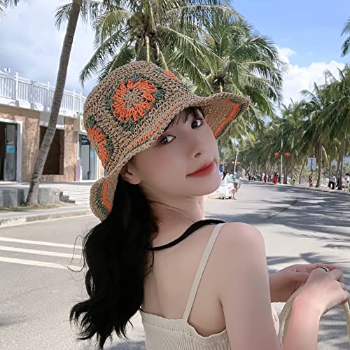 Womens Straw Sun Hat Woven Bucket Hat Floral Fishing Hat Beach Hat Foldable Cap Summer Chic Straw Chic Hat #TOP4