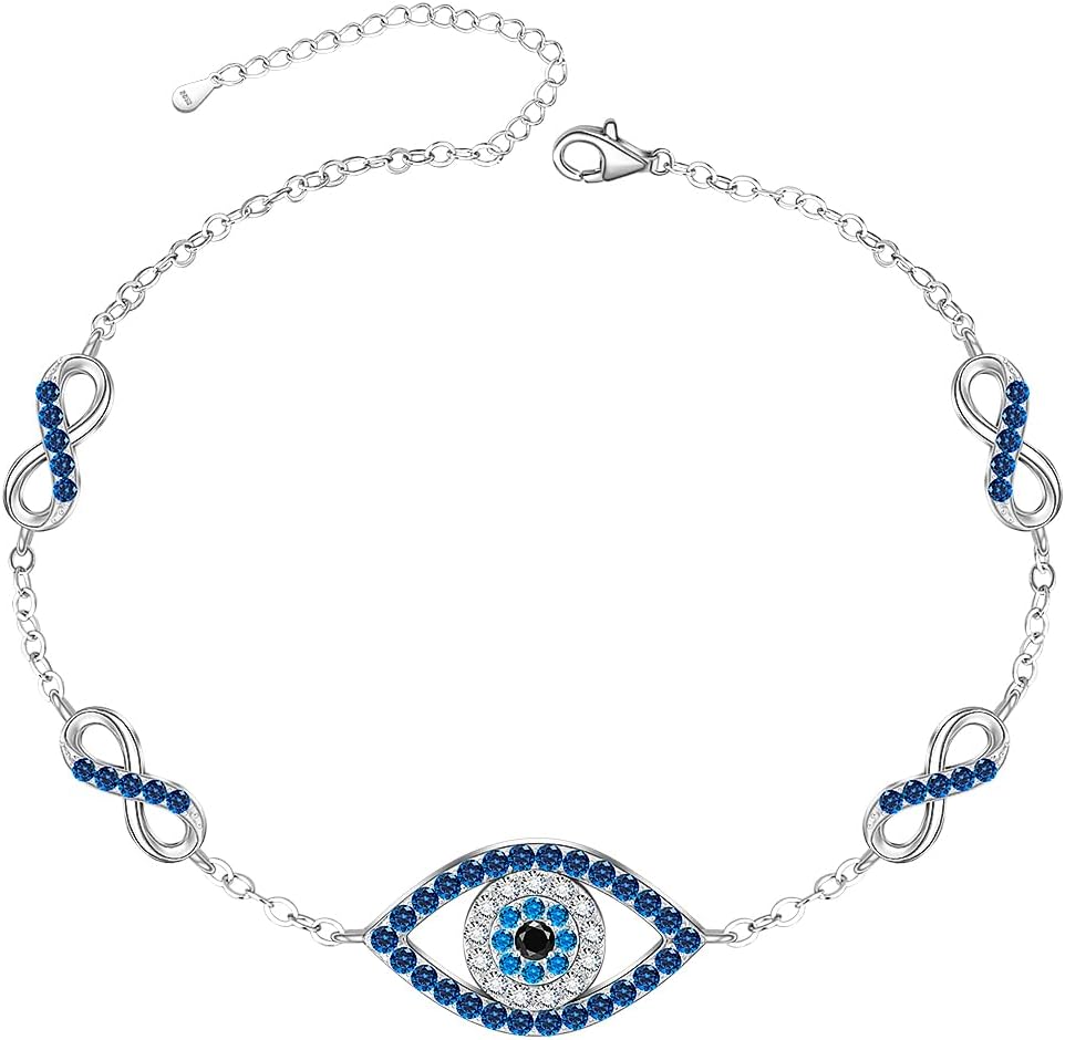 Evil Eye Bracelets Silver Greek Blue Evil Eye Bracelet for Women Infinity Charm Jewelry Sterling Silver 925 Waterproof Lucky Jewelry for Protection