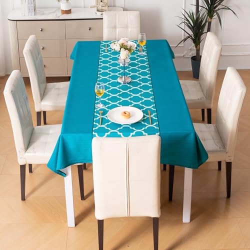 Image of HOKIPO Modern Grace Table Cloth for 6 Seater, 55x86 in, Aqua Trellis