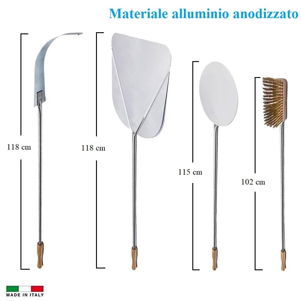 Paluplus Set 4 Pale Pizza in Alluminio Con Manici in Legno di Faggio, Lunghezza 120 cm - Kit Con Pala Rettangolare, Rotonda, Spazzola per Forno e Spargi Brace - Made in Italy