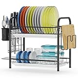 Dish Drying Rack, GSlife Stainless Steel 2 Tier Dish Rack with Tray, Utensil Holder, Cutting Board Holder, Rustproof Dish Drainer for Kitchen Counter Top, Black