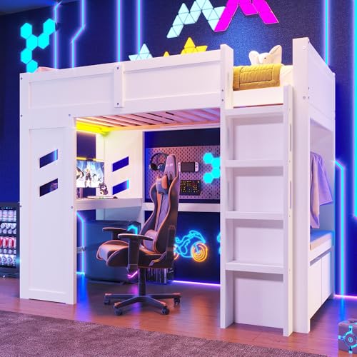 YuQozii Hochbett, Gaming, Bett mit Schreibtisch, Mit Leuchten, 1 USB-Anschlüssen, 1 Typ-C ausgestattet, Leiter, Schreibtisch,Schublade, Wäscheständer, Ohne Matratze, Weiß (90x200cm)