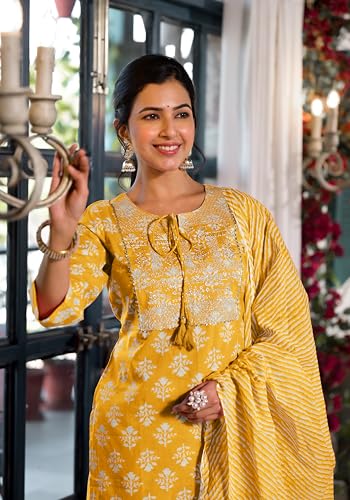Image of MIRCHI FASHION Women's Straight Fit Cotton Ethnic Block Motif Printed Kurta Set with Dupatta and Trouser