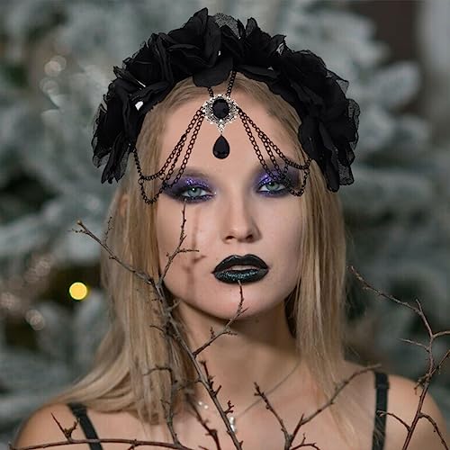 Gortin Gothic Headband Halloween Black Rose Headpiece Head Chain Vintage Flower Headband Masquerade Cosplay Party Costume Hair Band Witcher Makeup Ball Hair Accessory For Women thumb #4